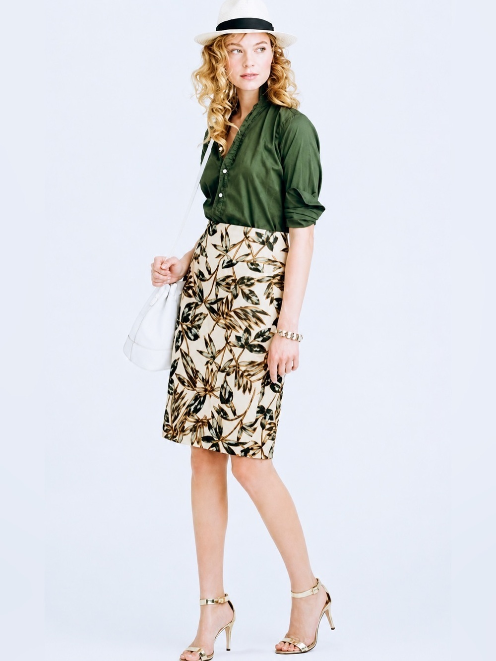 J Crew: Textured Gold Foil Leaf Pencil Skirt, Size 8, Style C4745 Palm Tropical